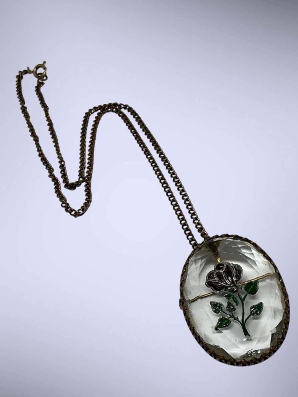 Vintage Reverse Painted Crystal Glass Rose Pendant Necklace Brooch Pin